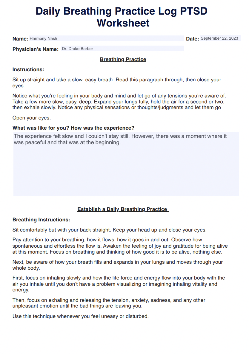 Daily Breathing Practice Log PTSD Worksheet Example