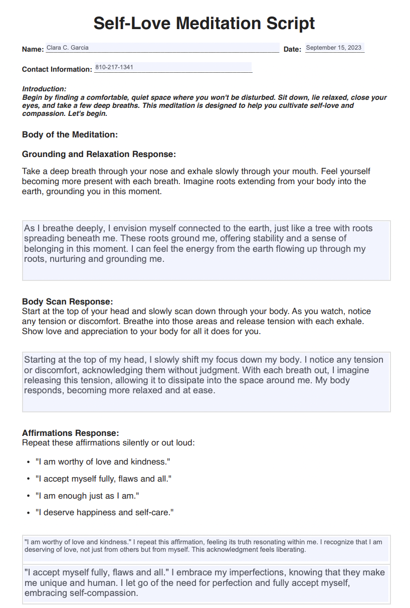 Self Love Meditation Scripts Example (sample)