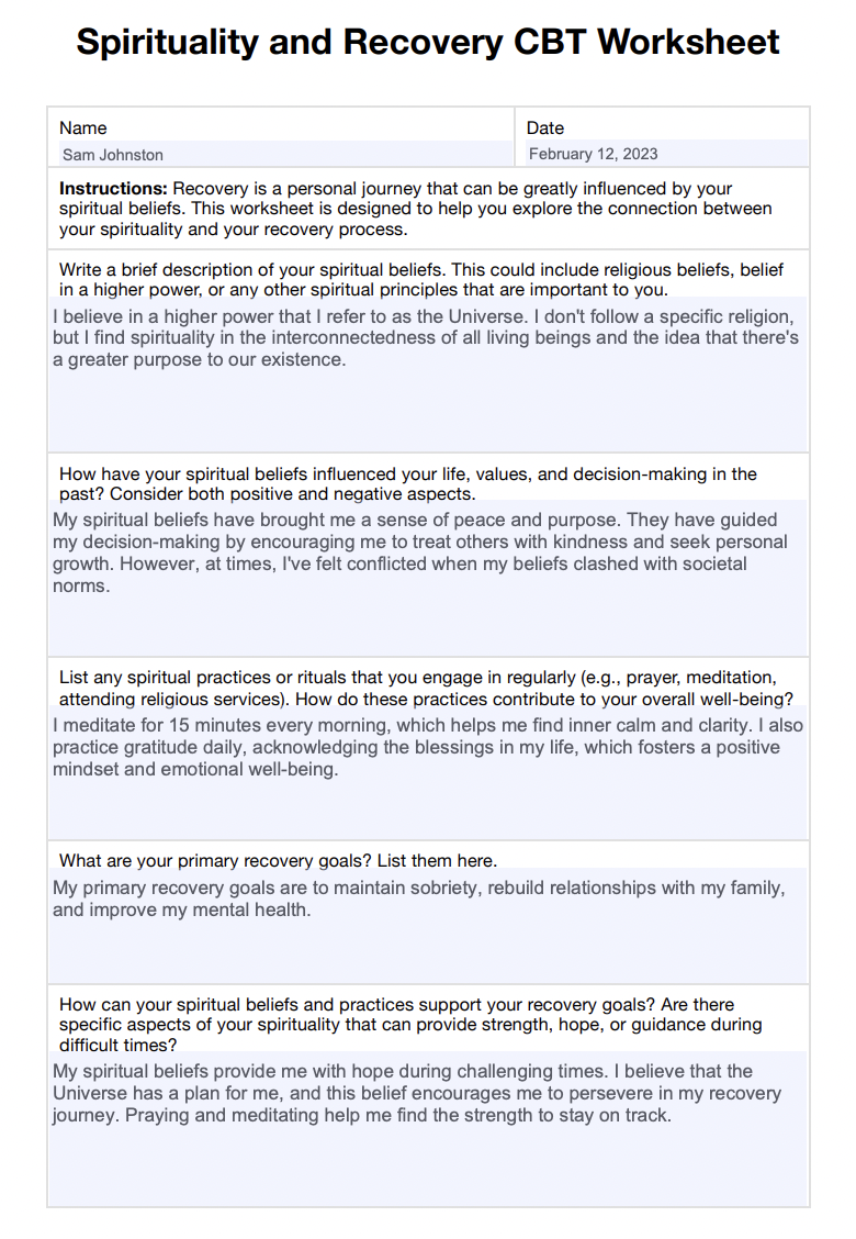 Spirituality and Recovery CBT Worksheet Example