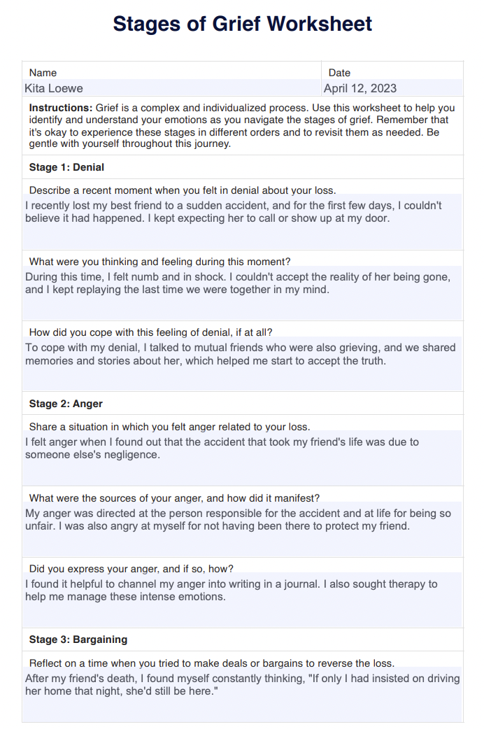 Stages Of Grief Worksheets Example (sample)