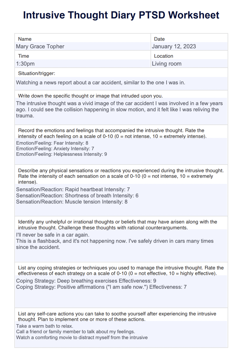Intrusive Thought Diary PTSD Worksheet Example
