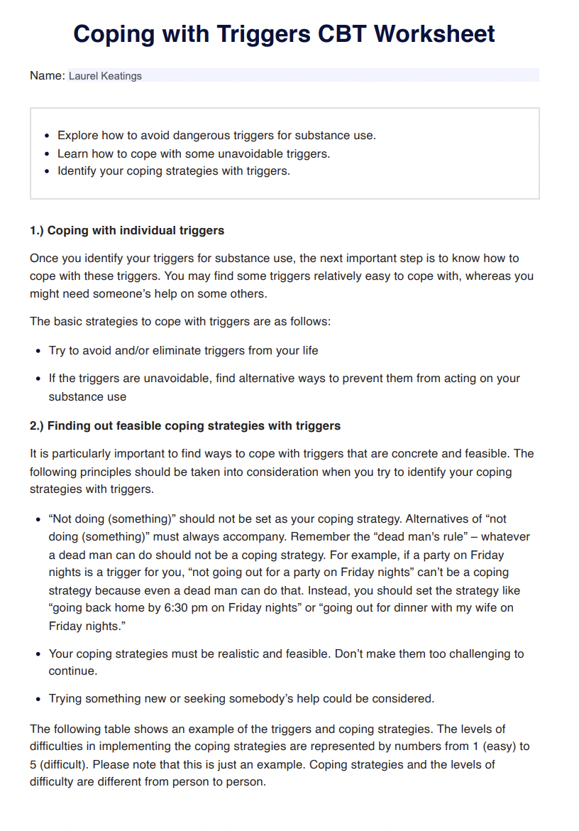 Coping with Triggers CBT Worksheet Example