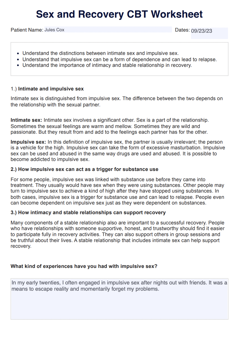 Sex and Recovery CBT Worksheet Example (Sample)