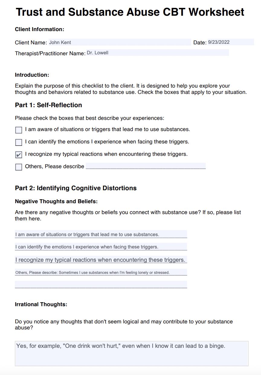 Trust and Substance Abuse CBT Worksheet Example: