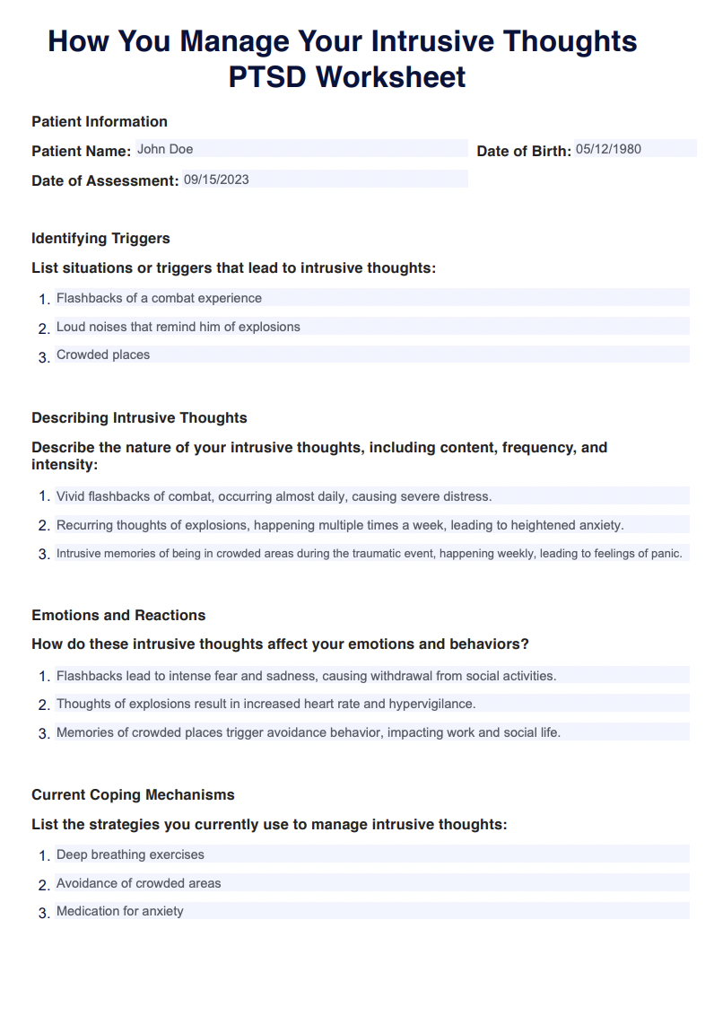 How You Manage Your Intrusive Thoughts PTSD Worksheet Example