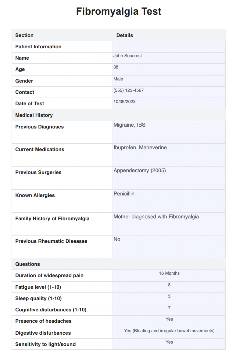 Fibromyalgia Test Example (Sample)