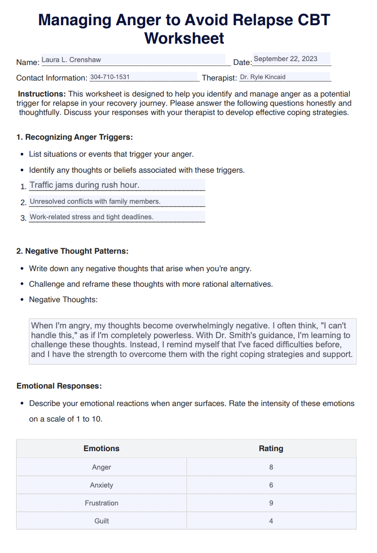 Managing Anger to Avoid Relapse CBT Worksheet Example