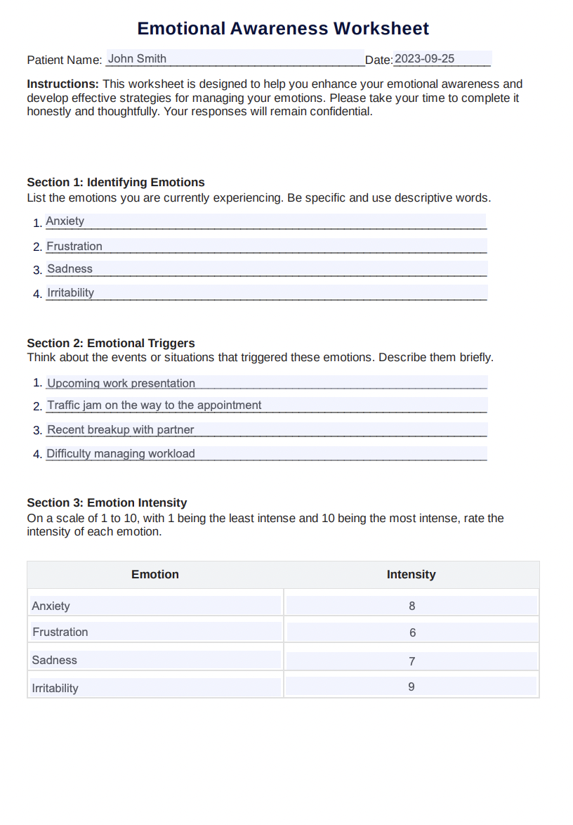 Emotional Awareness Worksheets Example (sample)