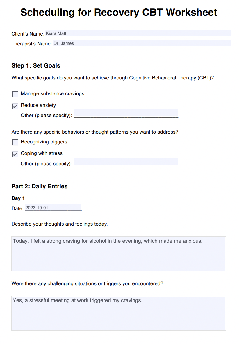 Scheduling for Recovery CBT Worksheet Example