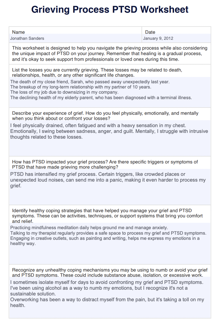 Grieving Process PTSD Worksheet Example