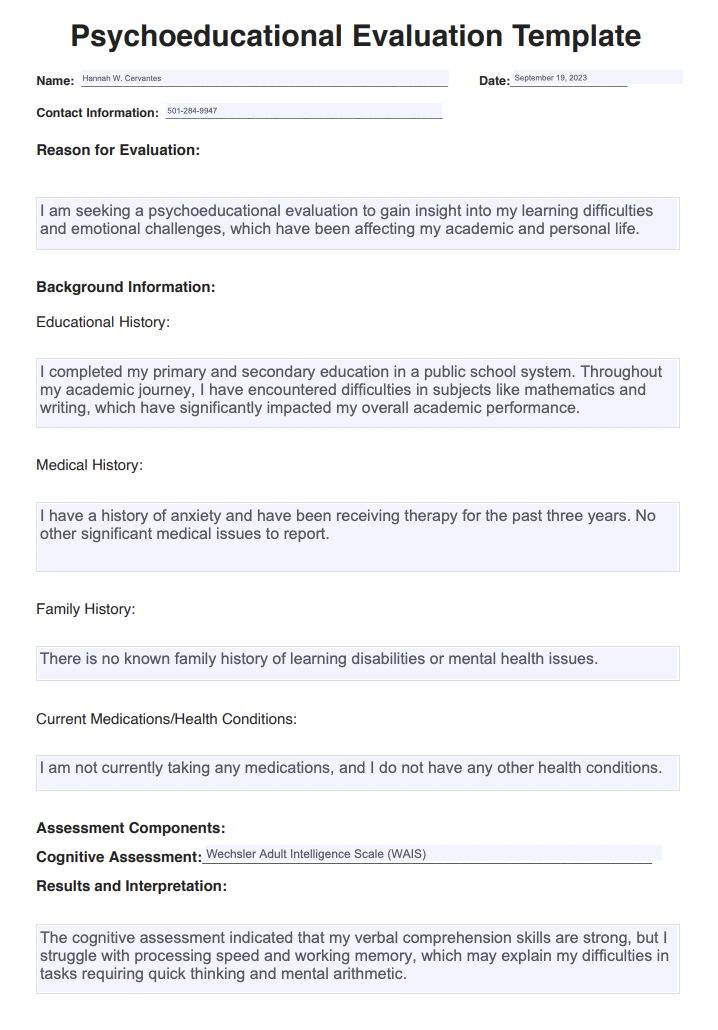 Psychoeducational Evaluations Example (sample)