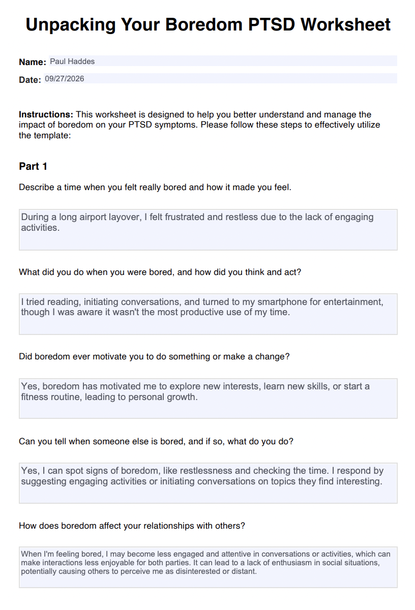 Unpacking Your Boredom PTSD Worksheet Example