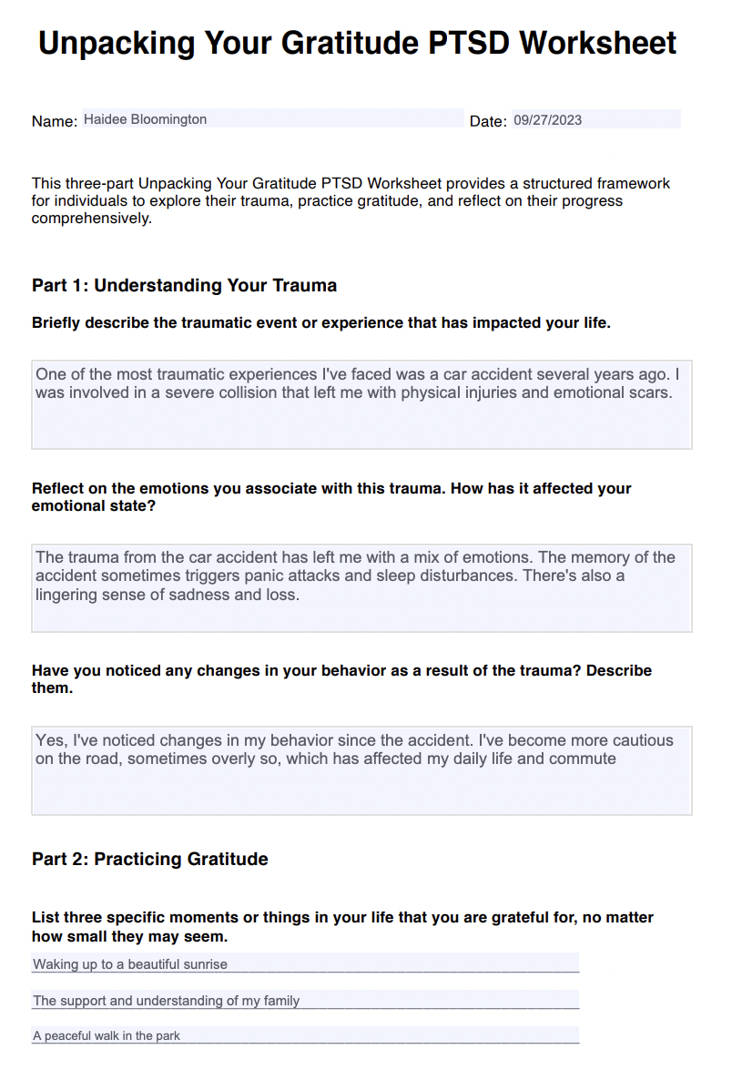 Unpacking Your Gratitude PTSD Worksheet Example (Sample)