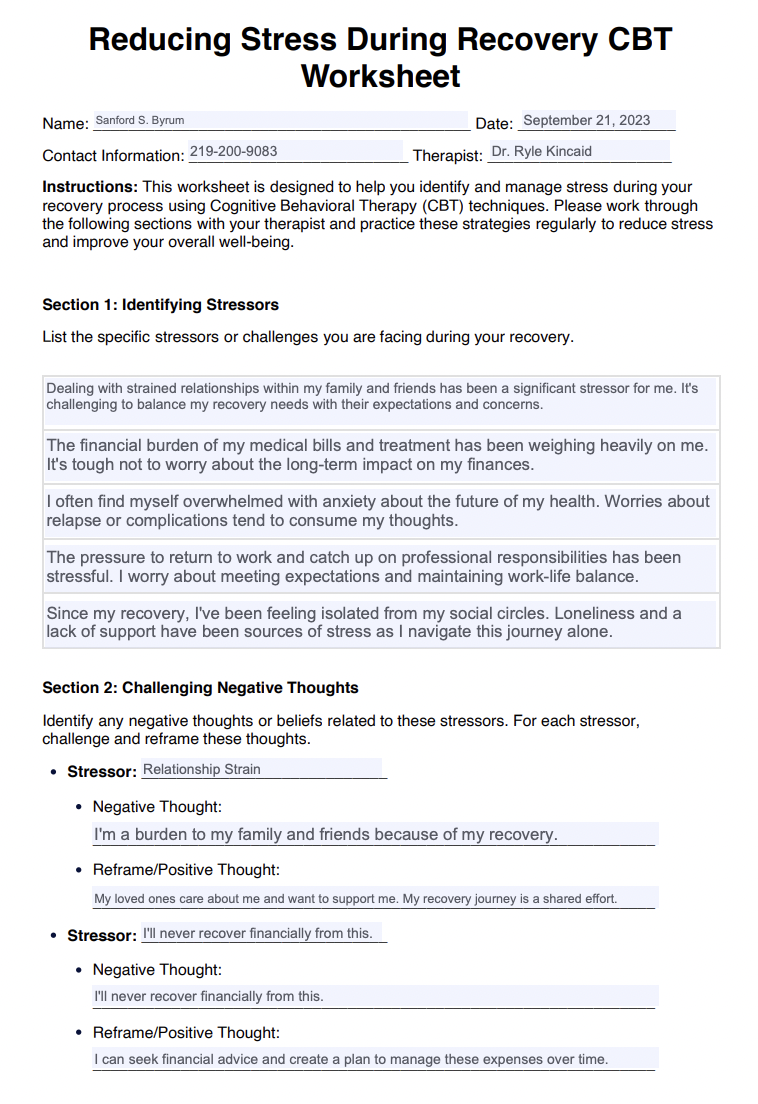 Reducing Stress During Recovery CBT Worksheet Example