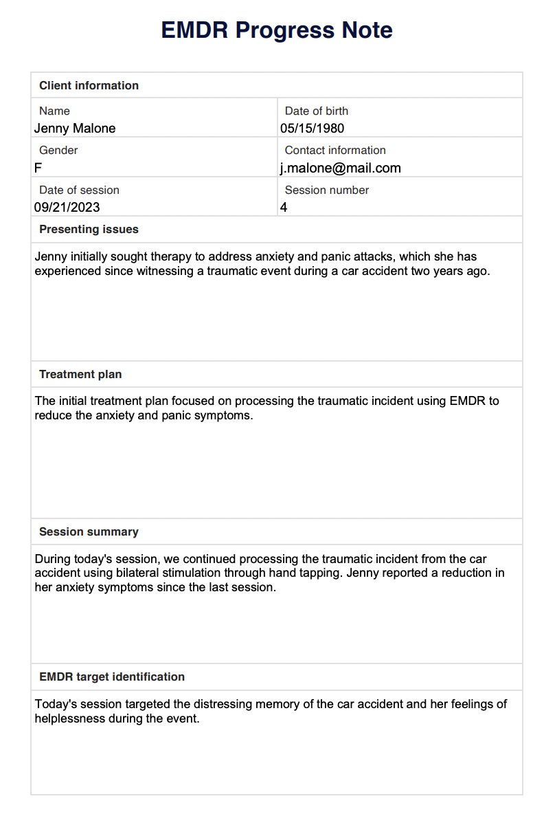 EMDR Progress Notes Example (sample)