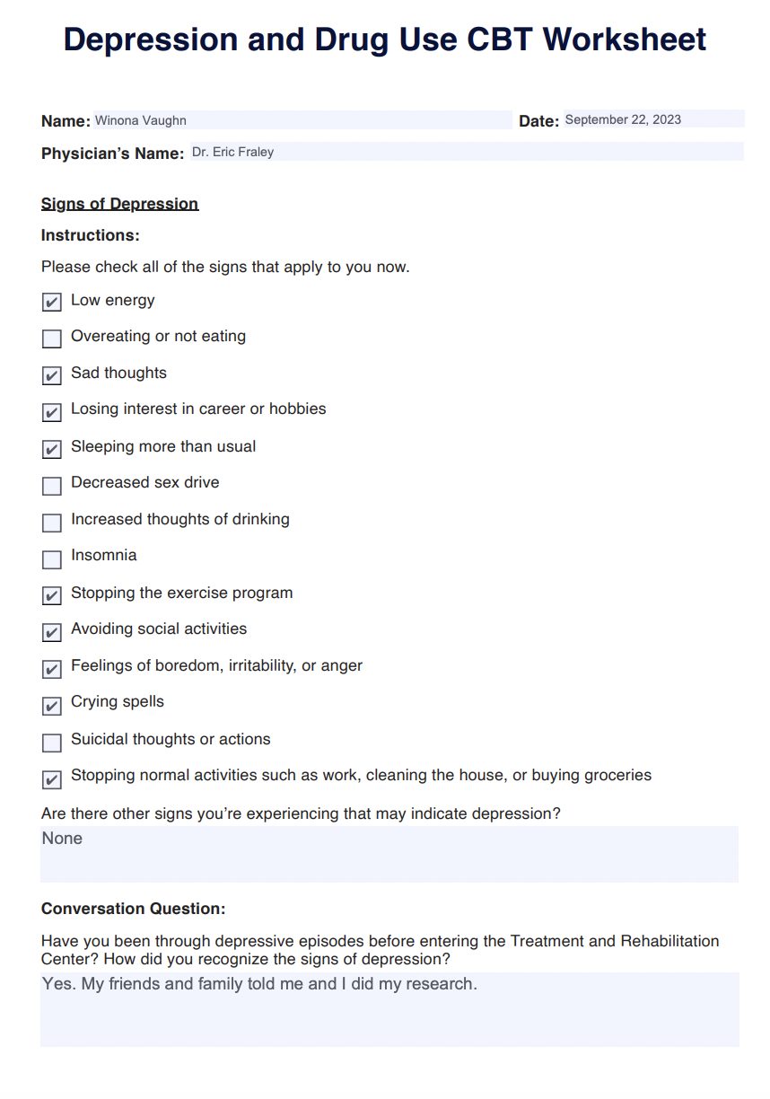 Depression and Drug Use CBT Worksheet Example