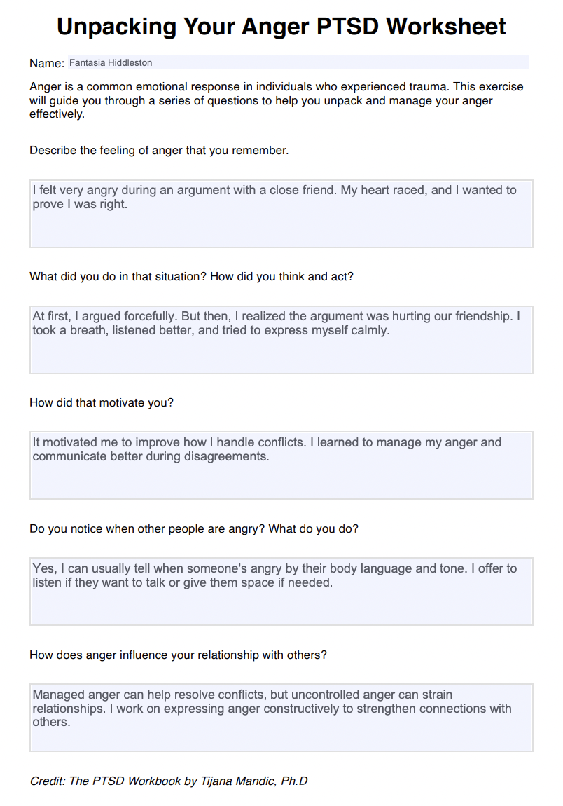 Unpacking Your Anger PTSD Worksheet Example