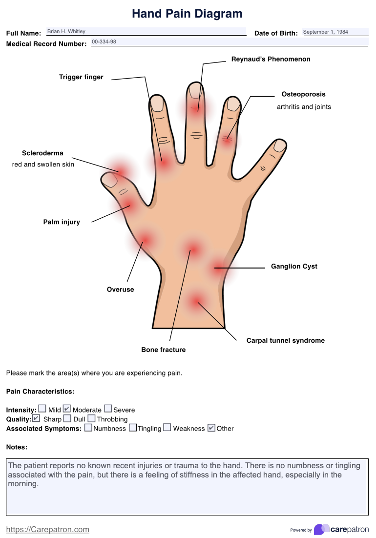 Hand Pain Diagrams Example (sample)
