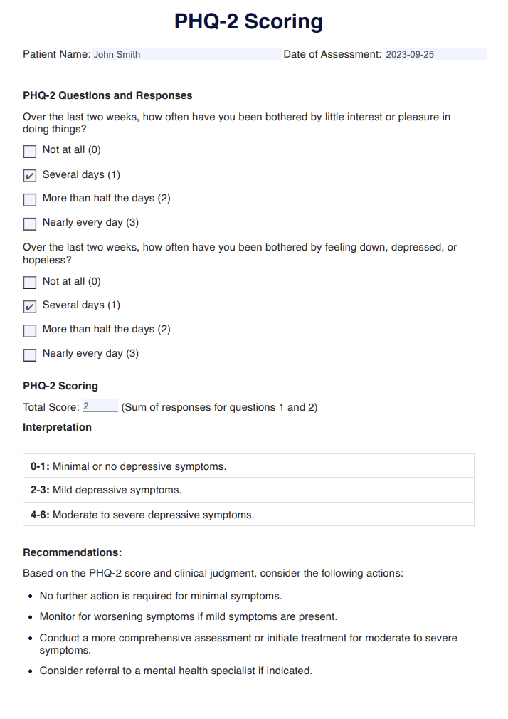PHQ 2 Scorings Example (sample)