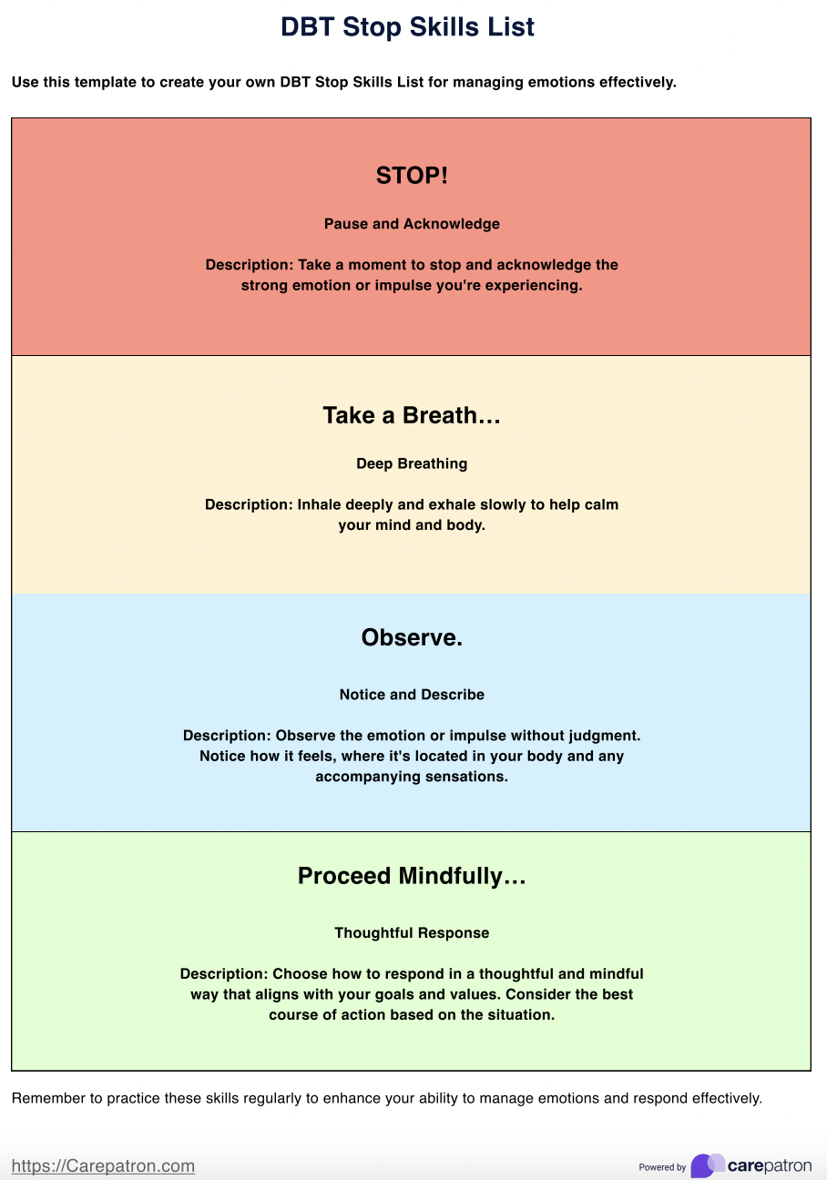 DBT Stop Skills Lists Example (sample)