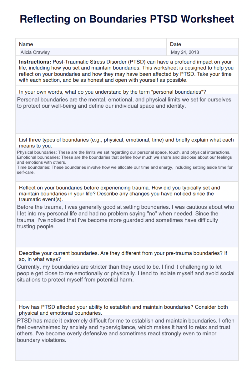 Reflecting on Boundaries PTSD Worksheet Example