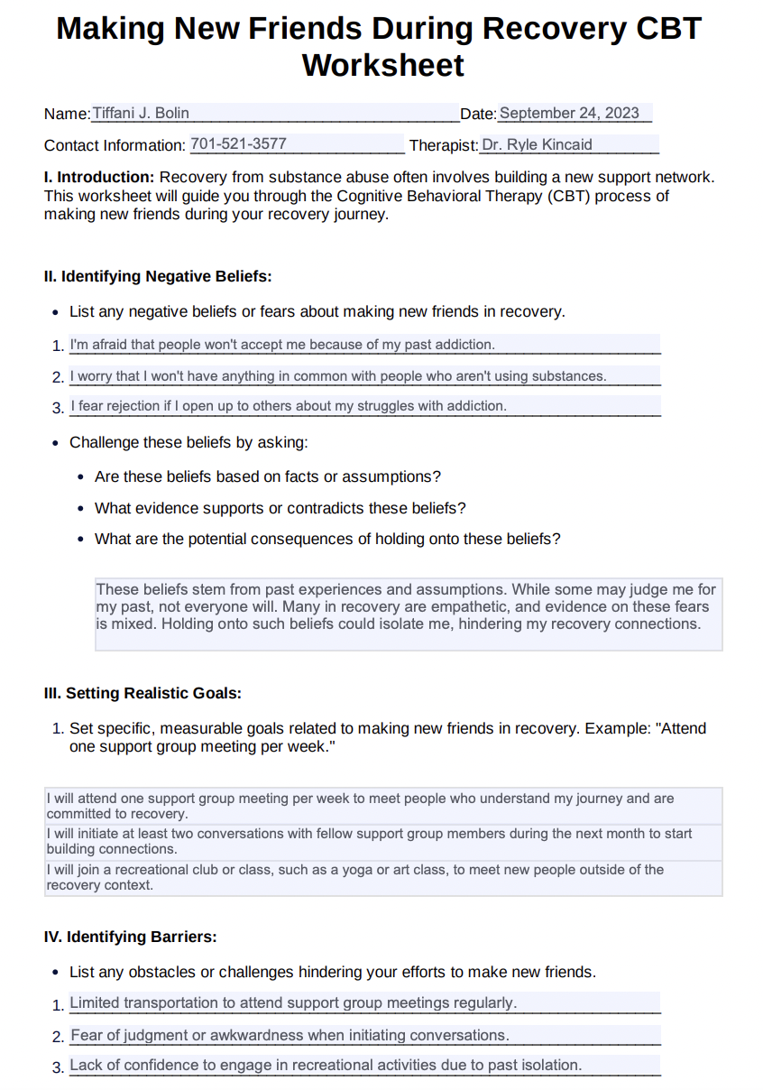 Making New Friends During Recovery CBT Worksheet Example