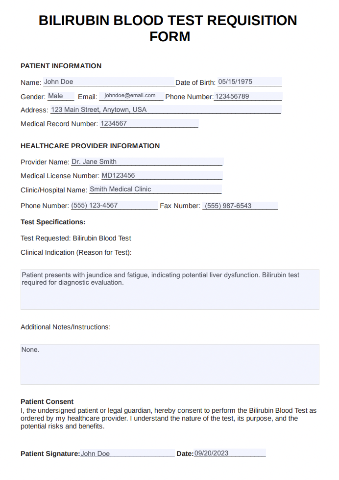 Bilirubin Blood Test Example (sample)