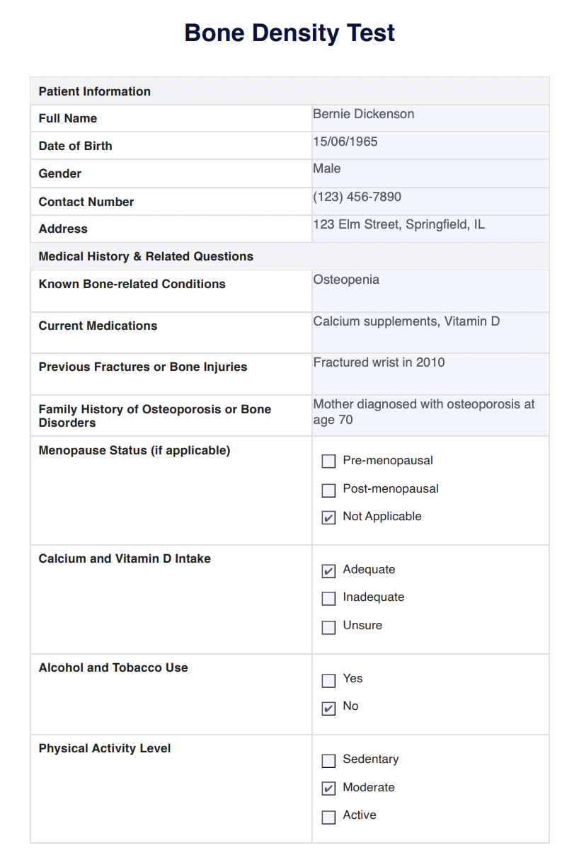 Bone Density Test Example (Sample)