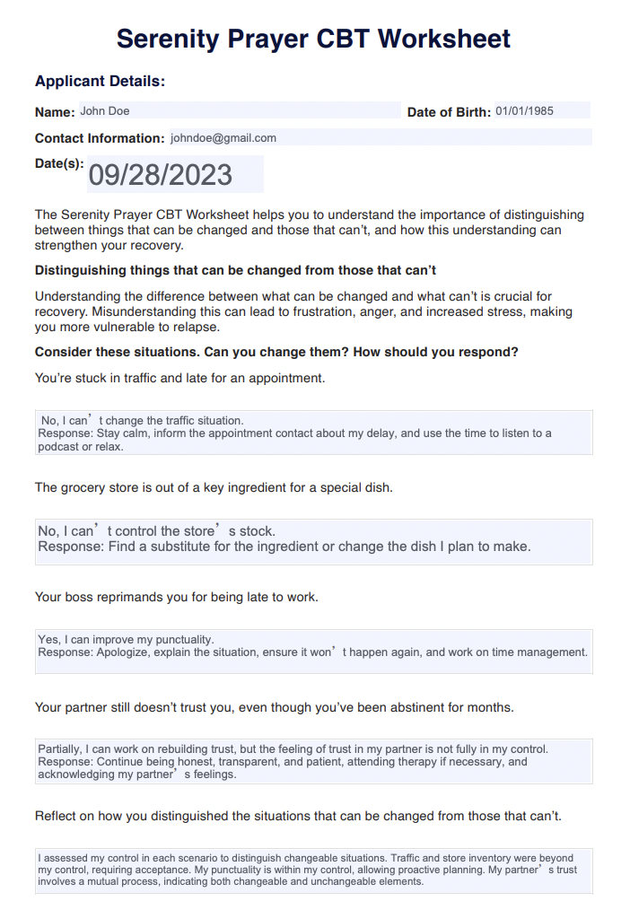 Serenity Prayer CBT Worksheet Example