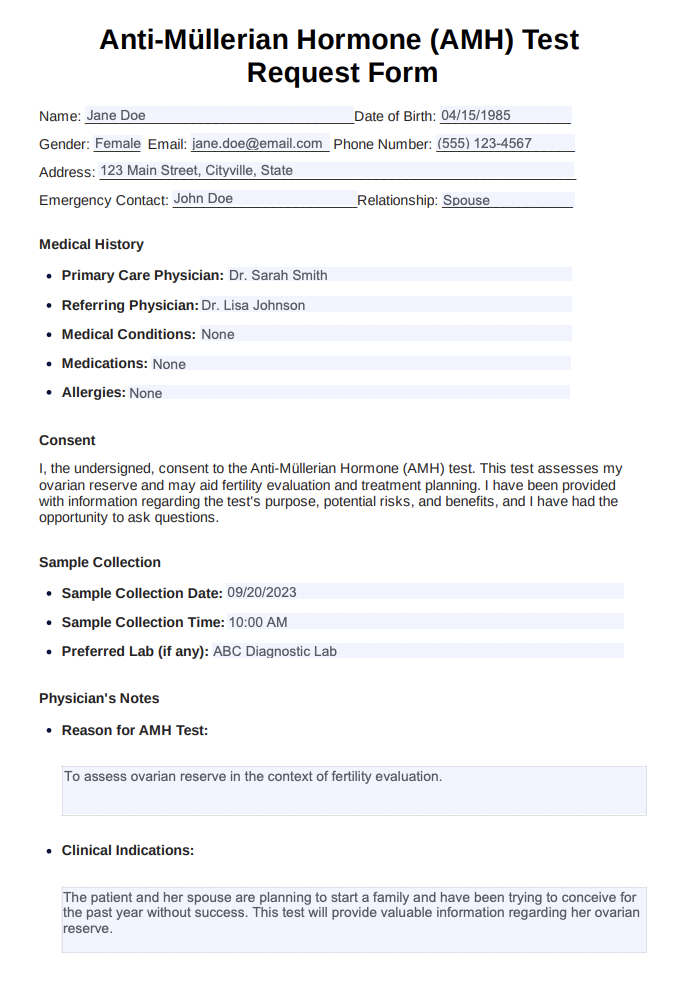 Anti-Müllerian Hormone Test Example (sample)
