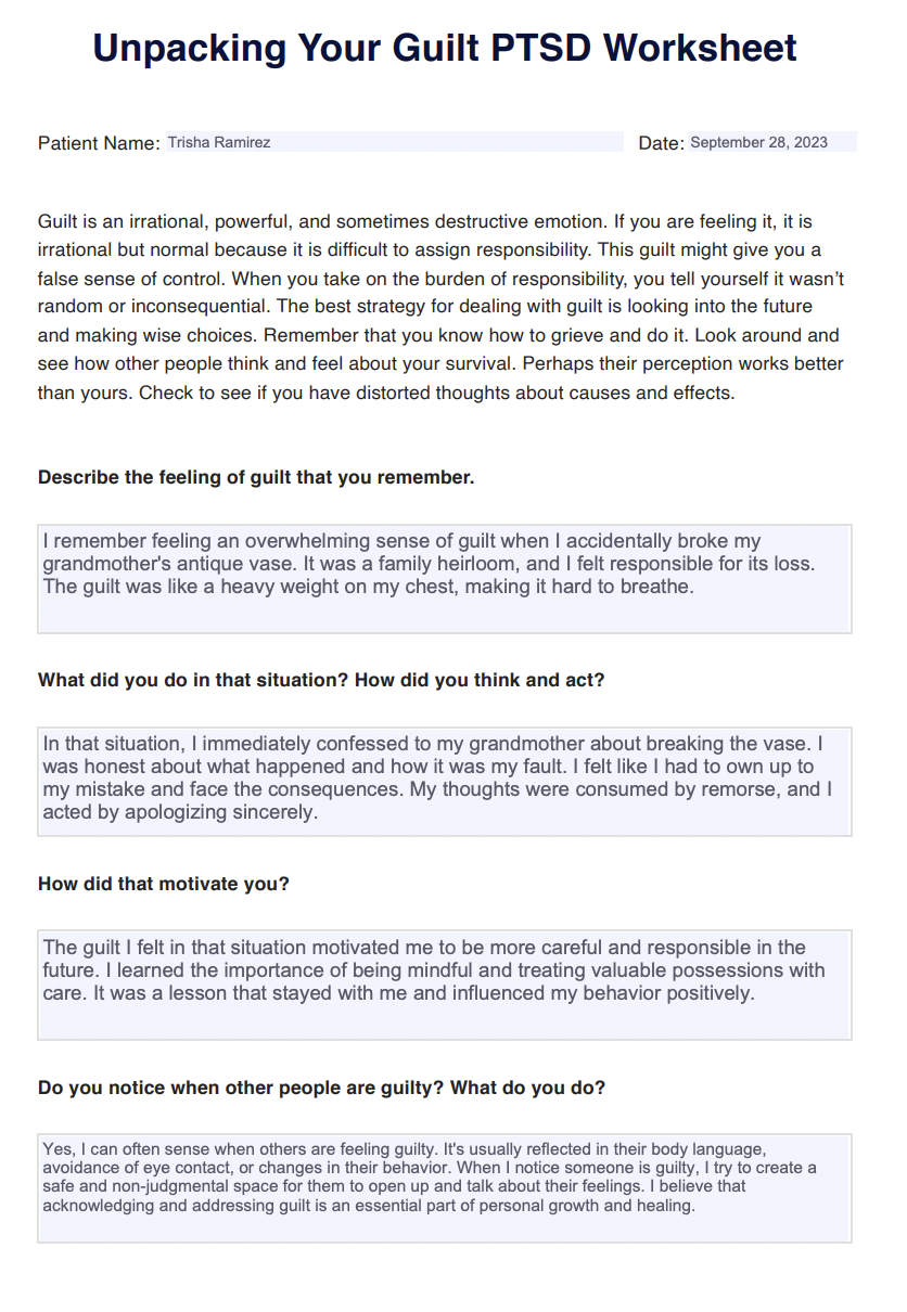 Unpacking Your Guilt PTSD Worksheet Example