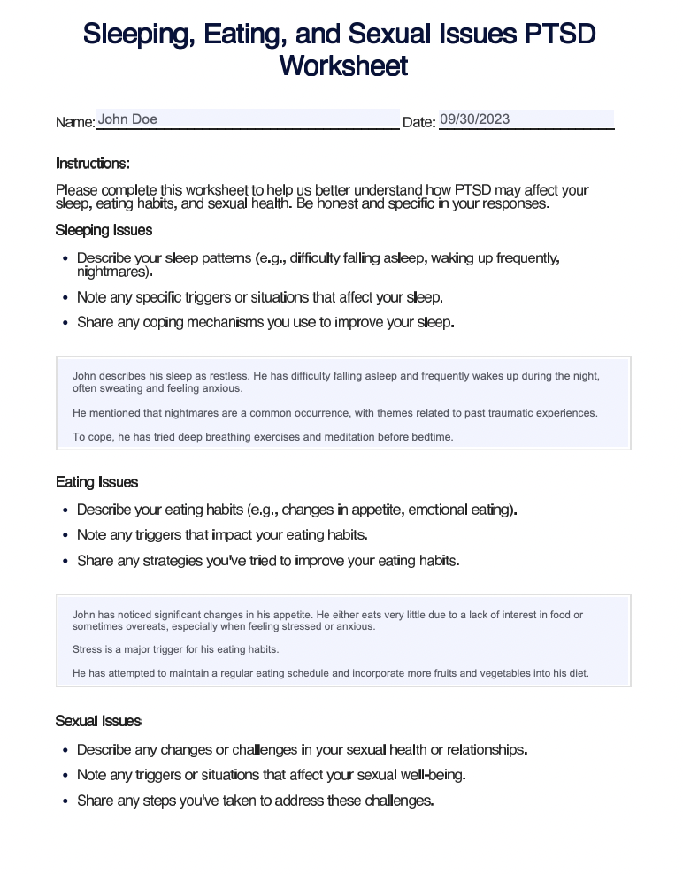 Sleeping, Eating, and Sexual Issues PTSD Worksheet Example