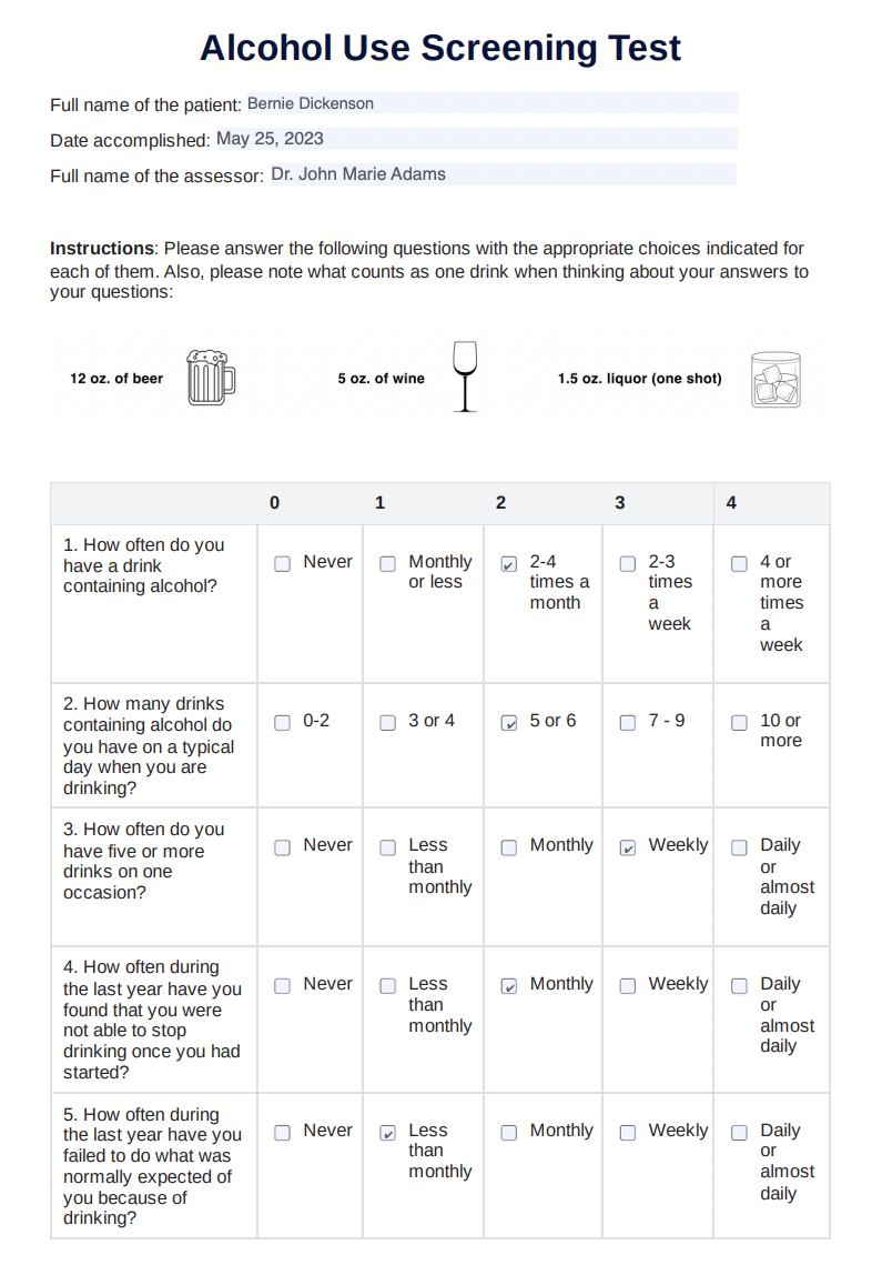 Alcohol Use Screening Test Example (Sample)