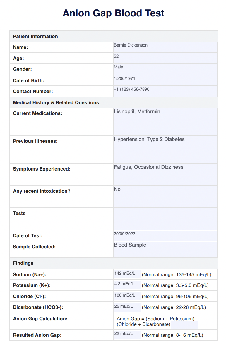 Anion Gap Blood Test Example (Sample)