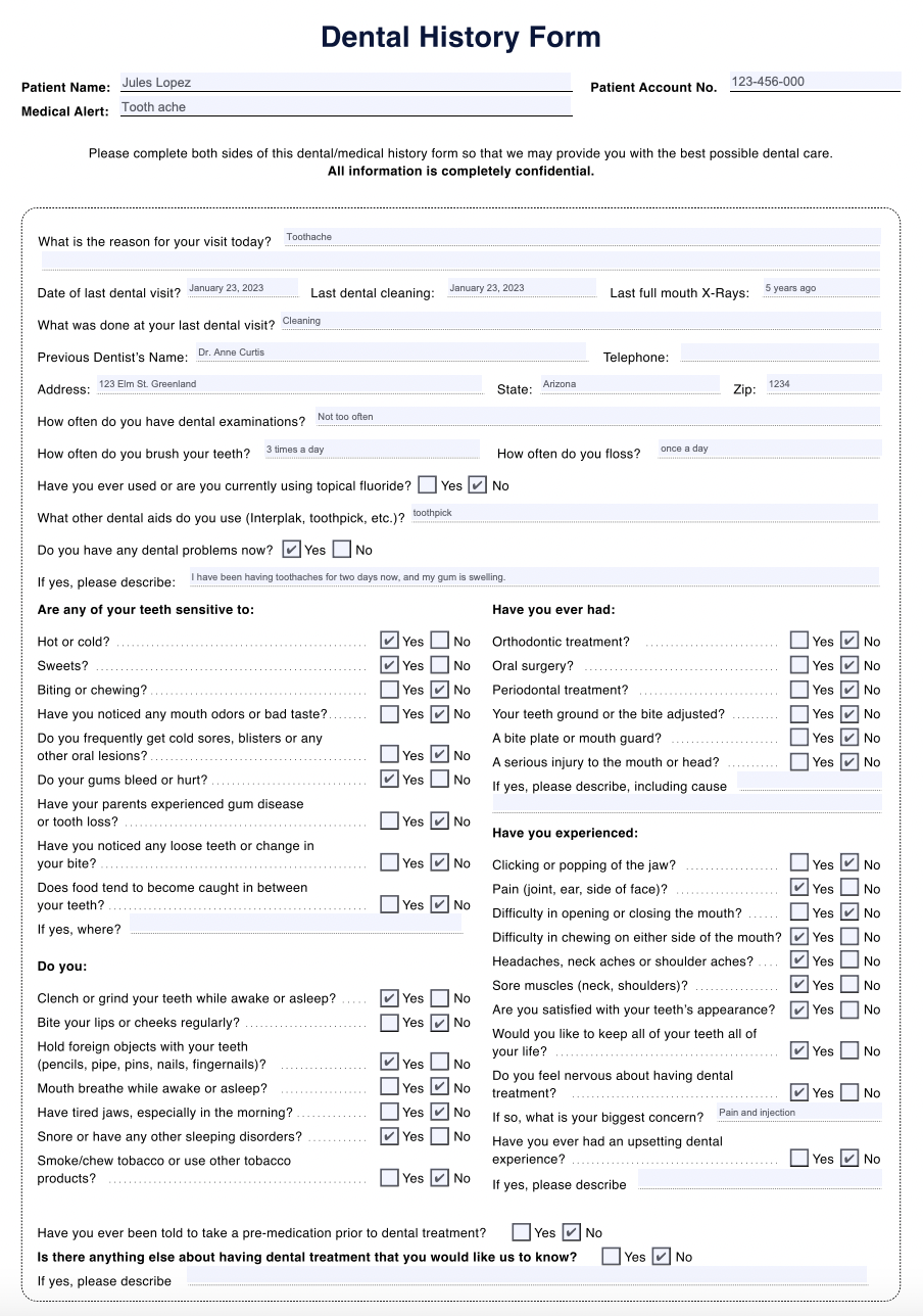 Dental Medical History Forms Example (sample)
