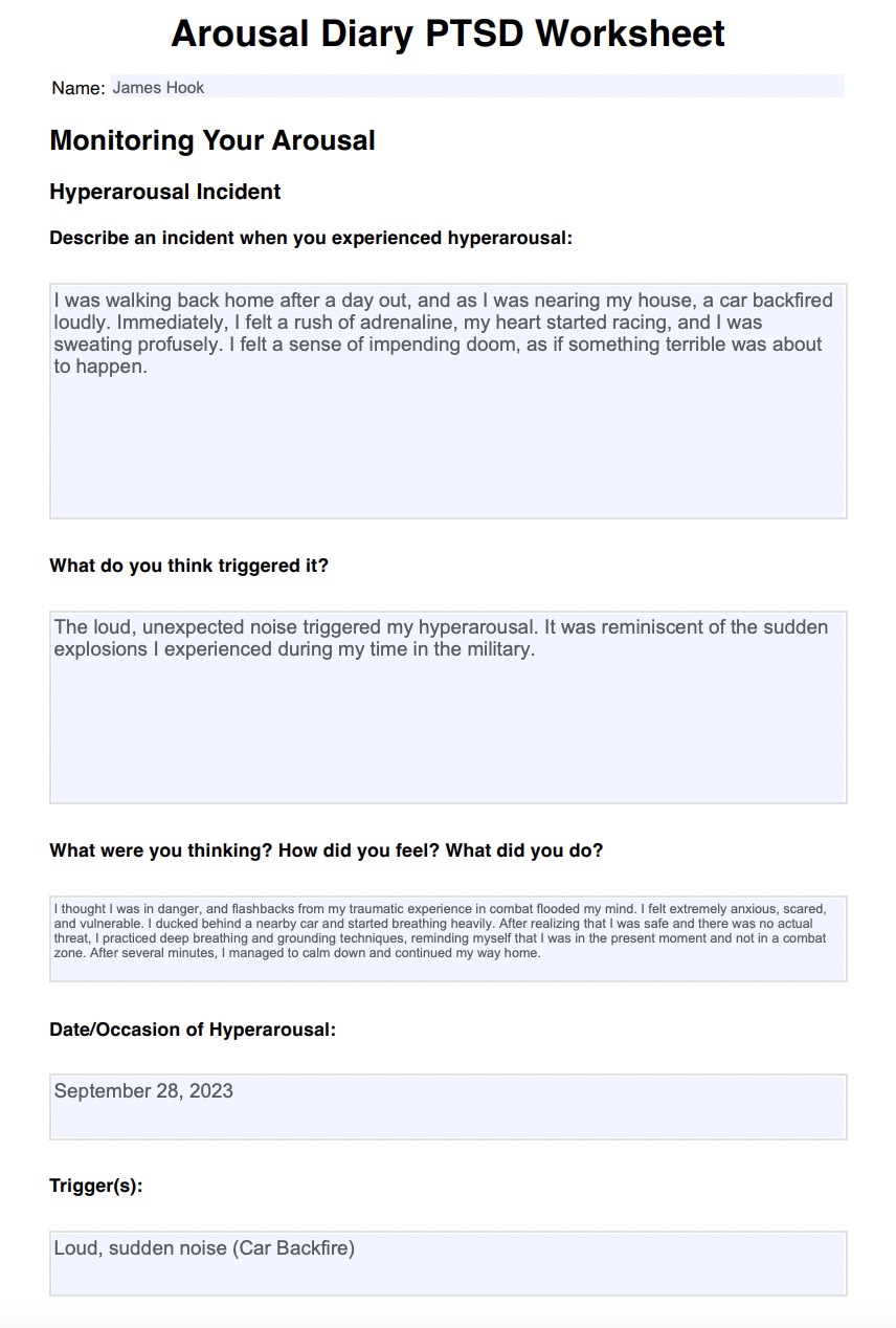 Arousal Diary PTSD Worksheet Example
