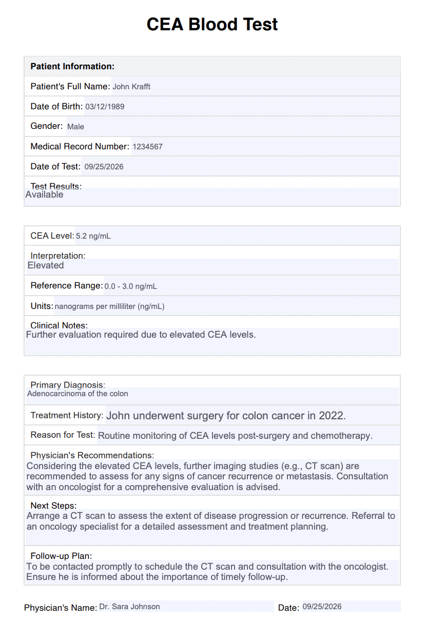 CEA Blood Test Example (Sample)