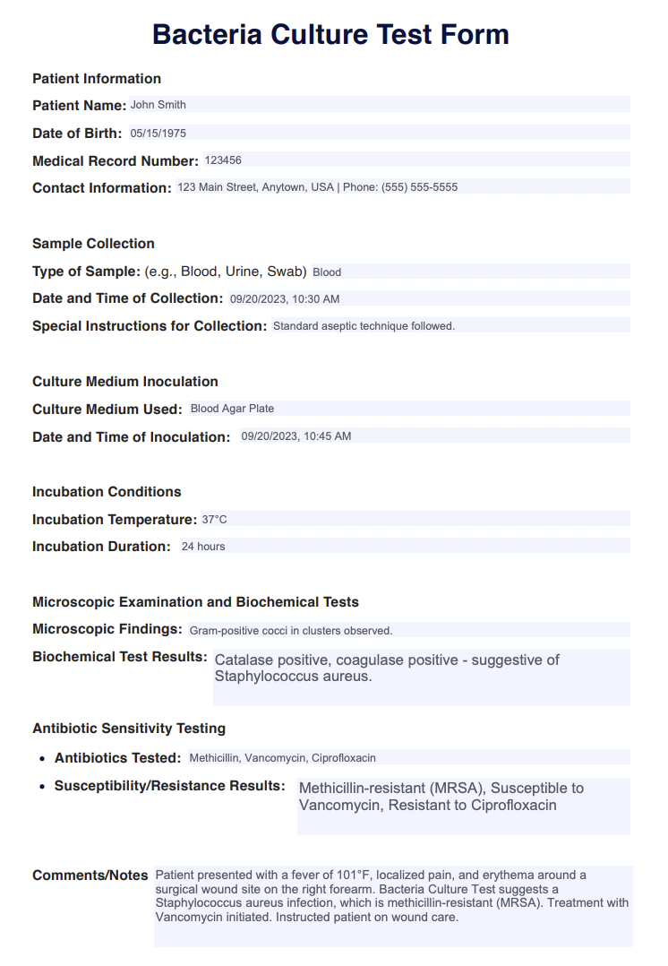 Bacteria Culture Test Example (Sample)