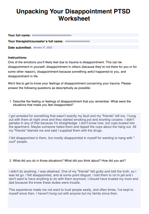 Unpacking Your Disappointment PTSD Worksheet Example