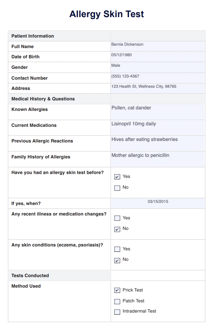 Allergy Skin Test Example (Sample)