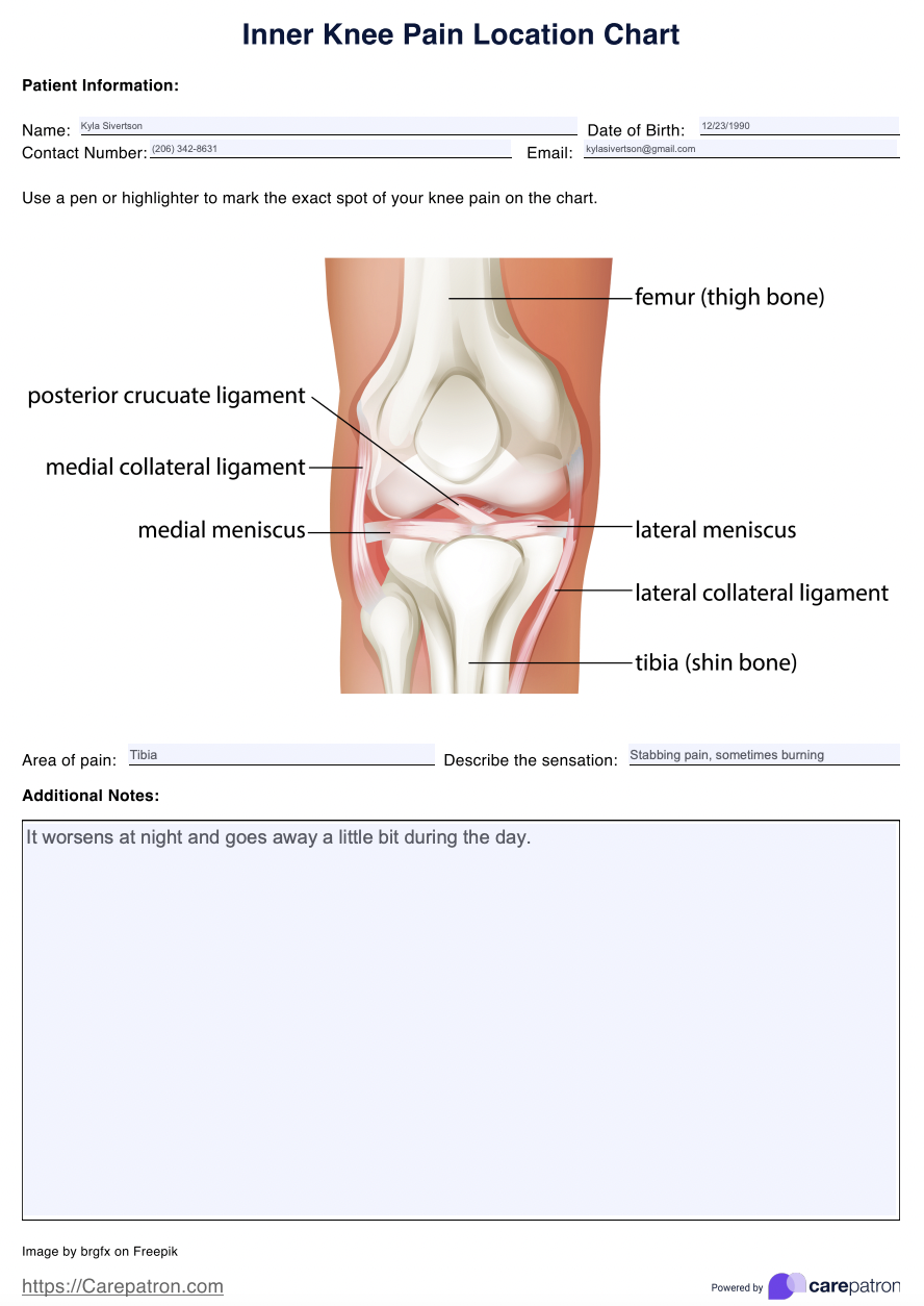 Inner Knee Pain Location Charts Example (sample)