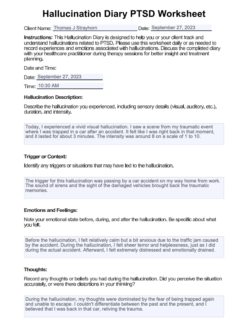 Hallucination Diary PTSD Worksheet Example