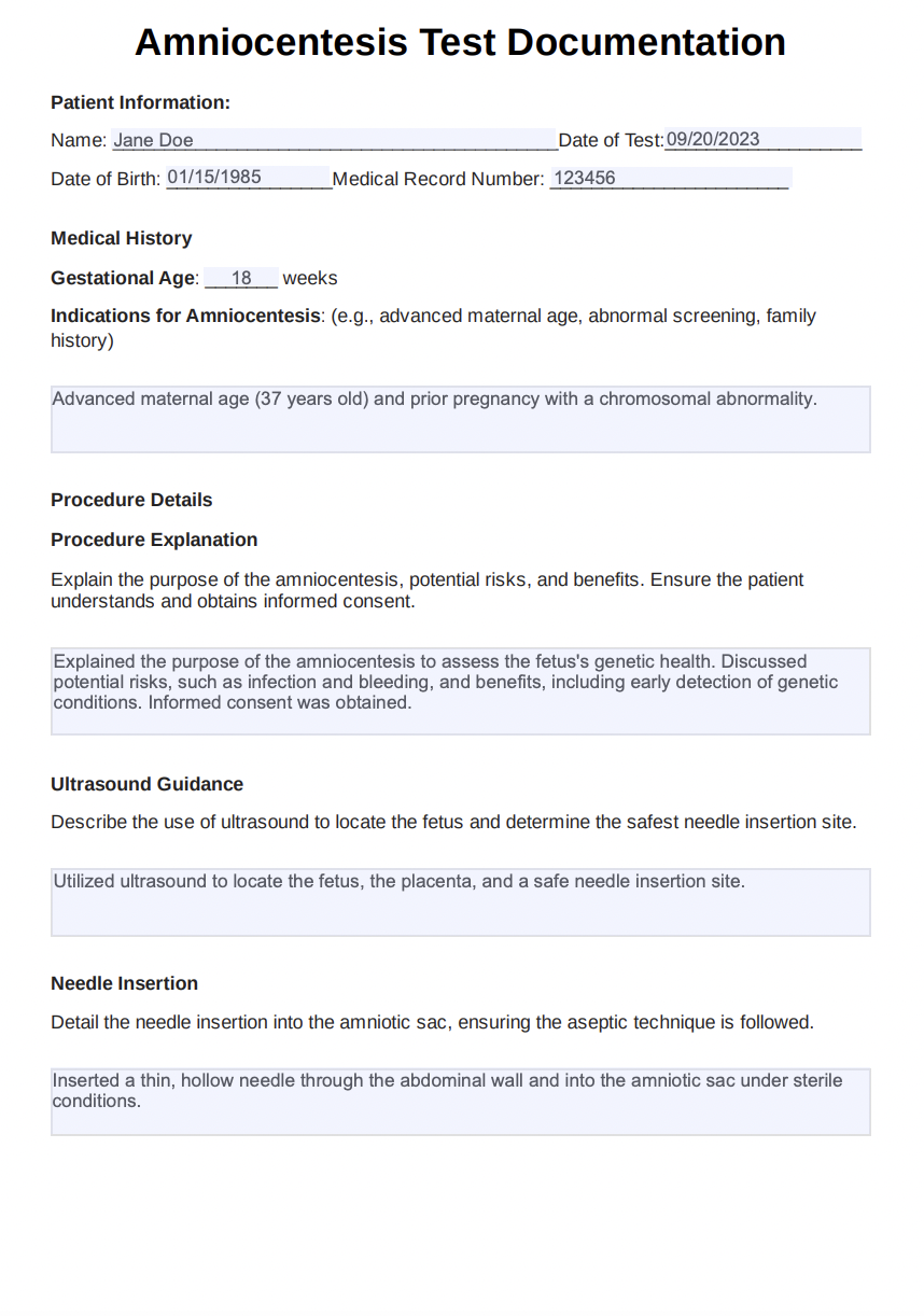 Amniocentesis Test Example (Sample)