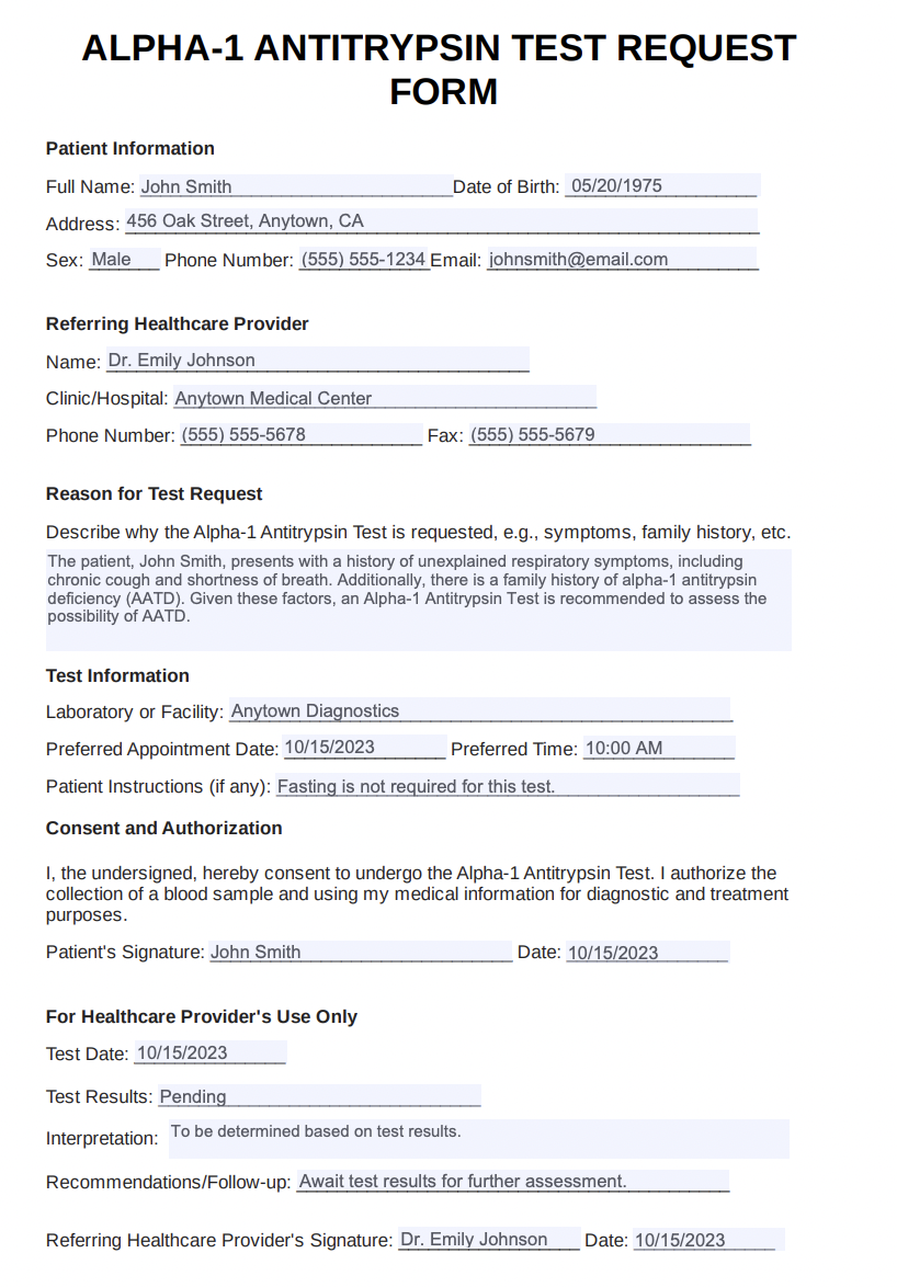 Alpha-1 Antitrypsin Test Example (Sample)