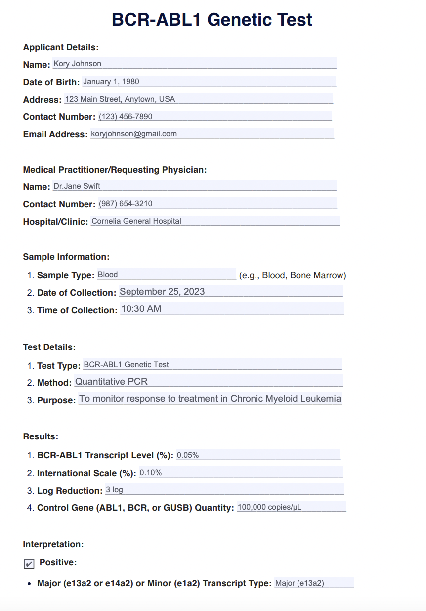 BCR-ABL1 Genetic Test Example (Sample)