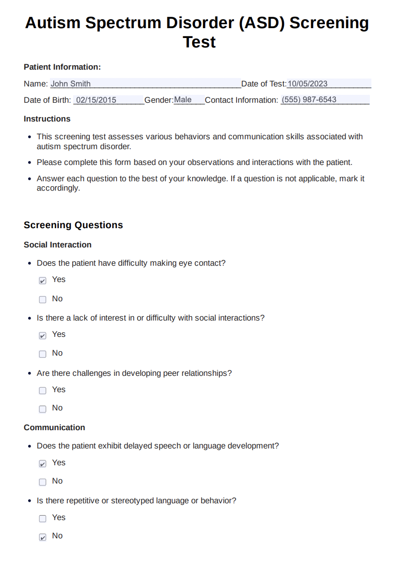 Autism Spectrum Disorder Screening Test Example (Sample)