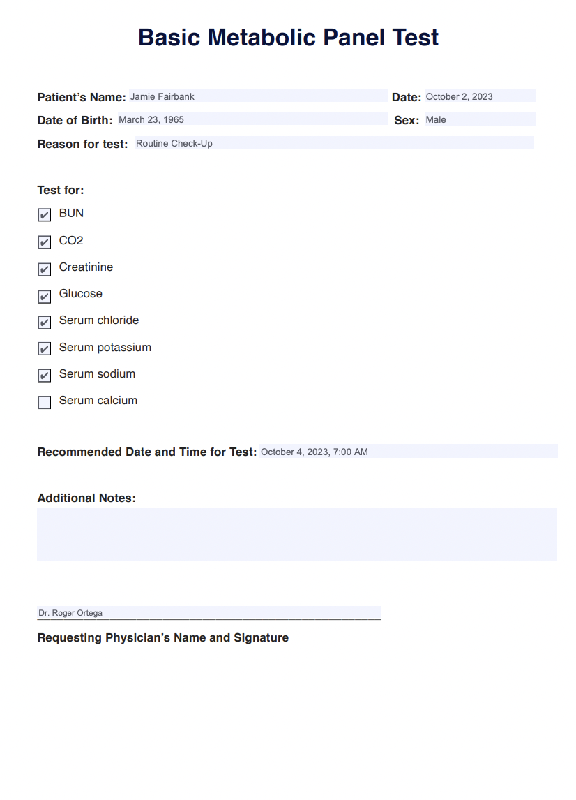 Basic Metabolic Panel Test Example (Sample)