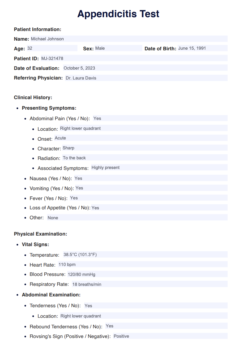Appendicitis Test Example (Sample)