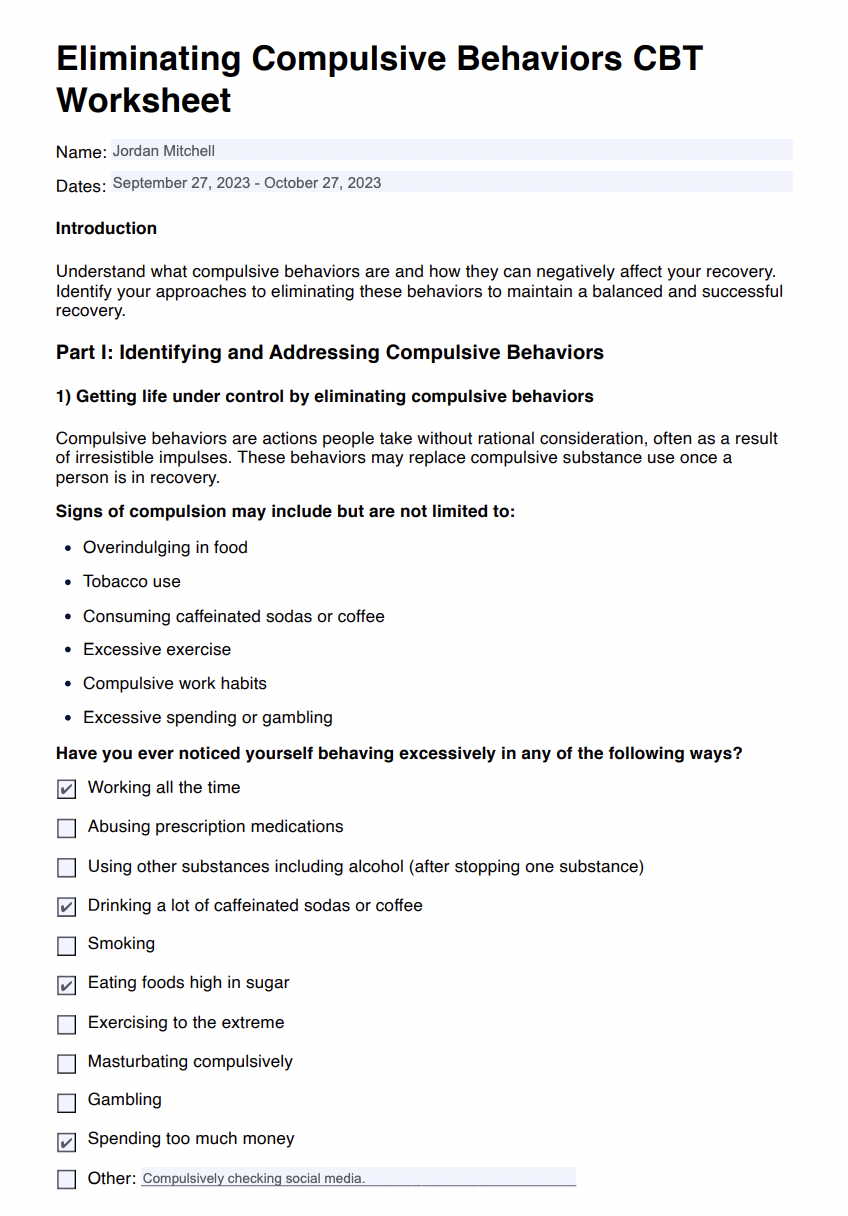 Eliminating Compulsive Behaviors CBT Worksheet Example