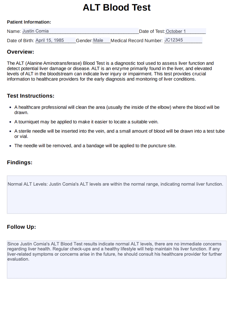 ALT Blood Test Example (Sample)
